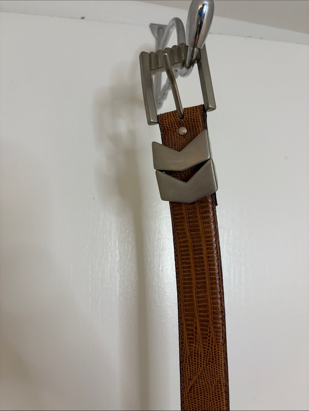 Men's Tan Textured Leather Belt with Brushed Silver Buckle